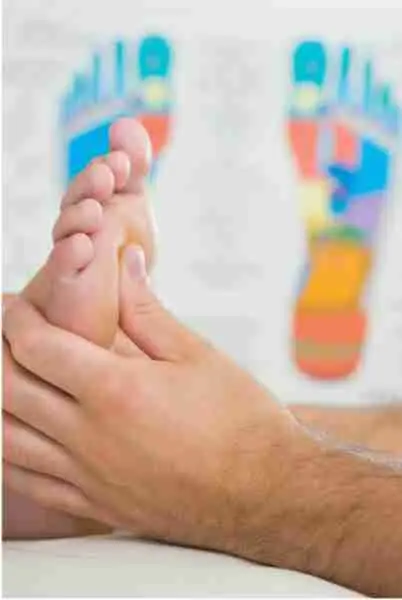 Reflexology massage, hands massaging a foot with an image of a reflexology point chart on the background wall